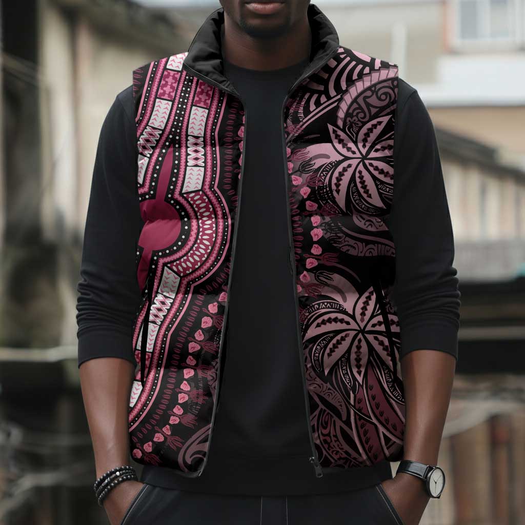Polynesia Mixed African Dashiki Sleeveless Puffer Jacket Afro-pacific Culture - Pink
