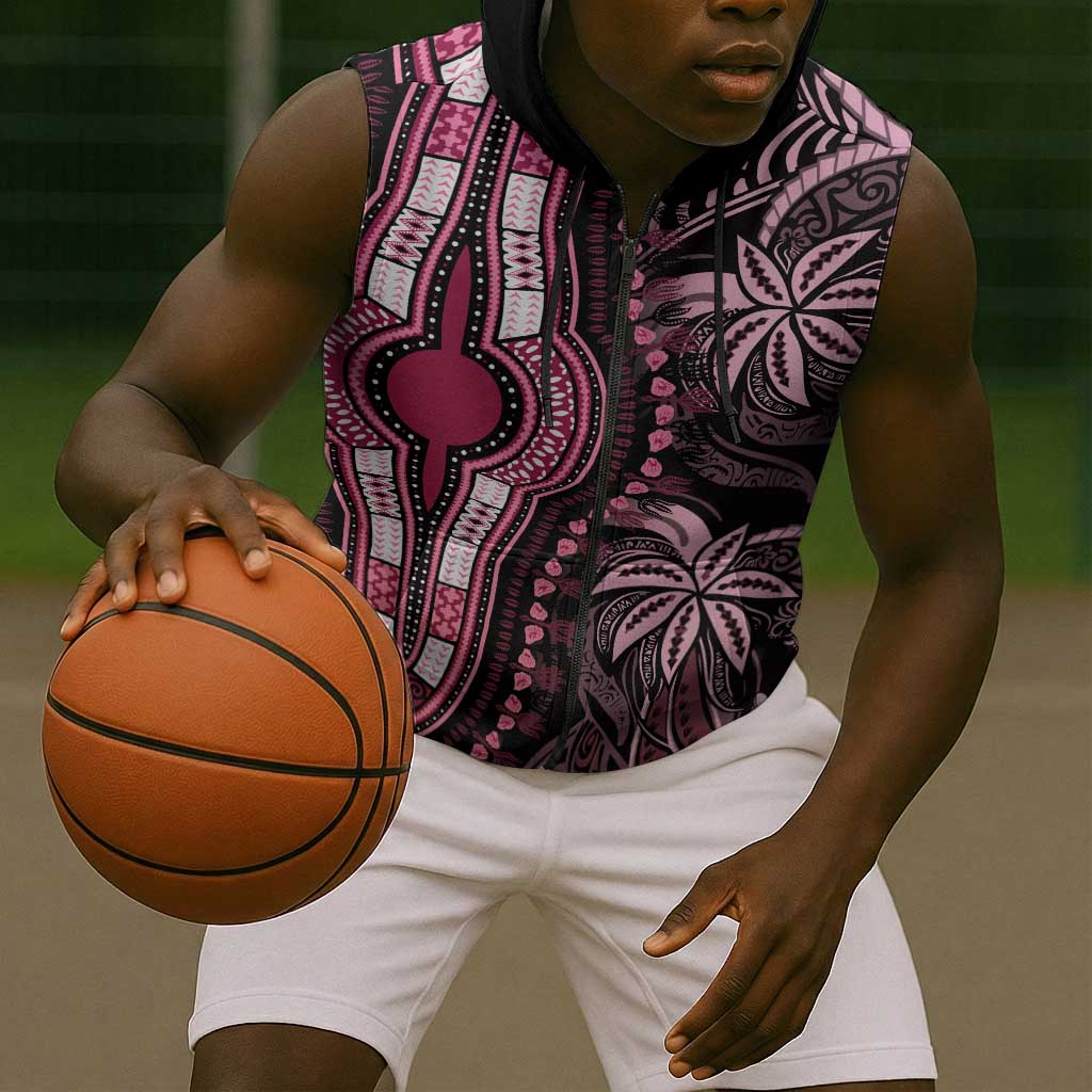 Polynesia Mixed African Dashiki Sleeveless Zip Hoodie Afro-pacific Culture - Pink - African Pride