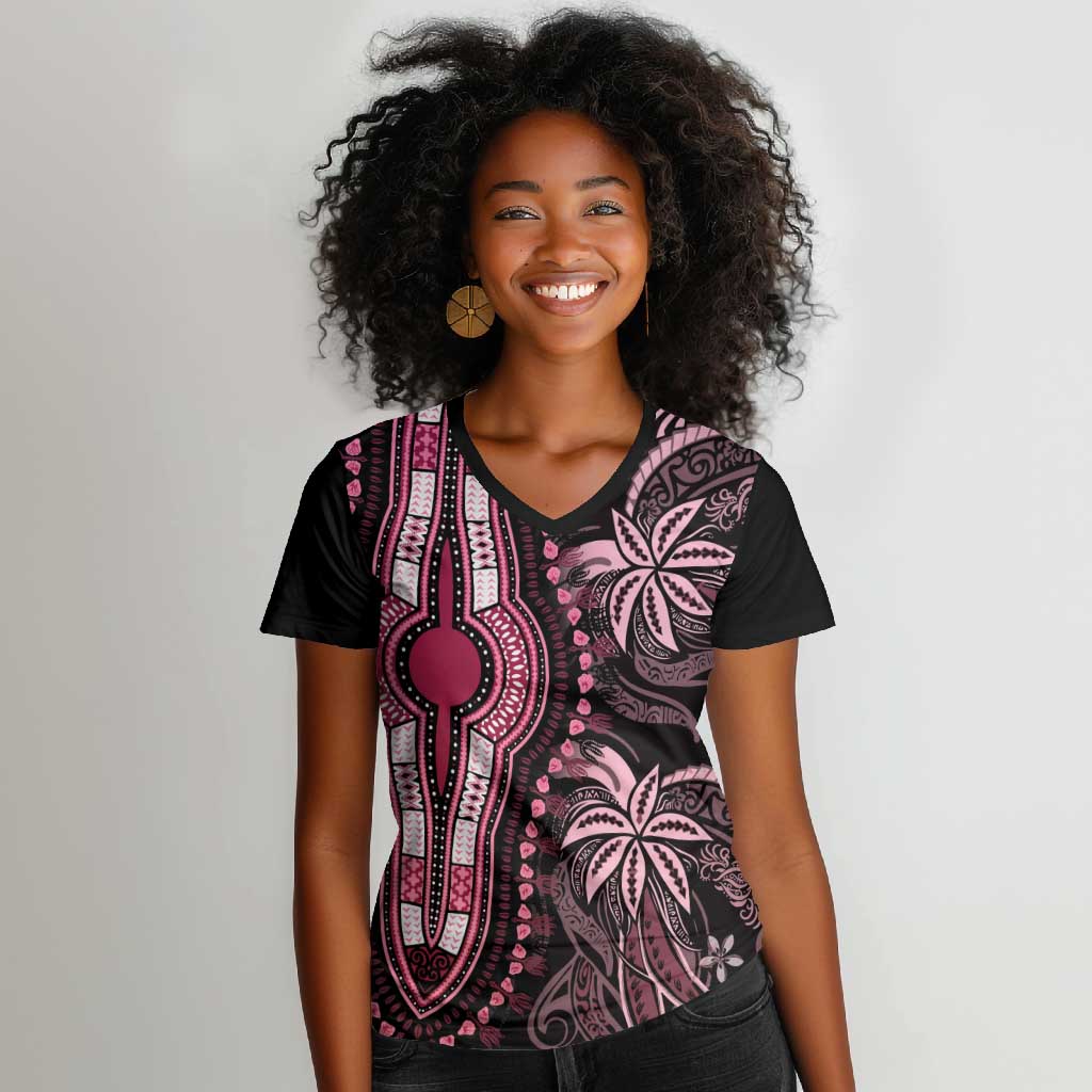 Polynesia Mixed African Dashiki Women V-Neck T-Shirt Afro-pacific Culture - Pink