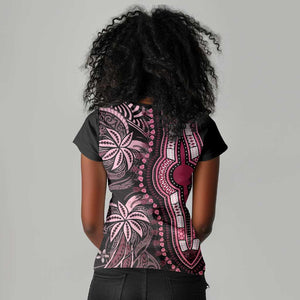 Polynesia Mixed African Dashiki Women V-Neck T-Shirt Afro-pacific Culture - Pink