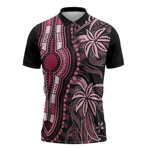 Polynesia Mixed African Dashiki Zipper Polo Shirt Afro-pacific Culture - Pink