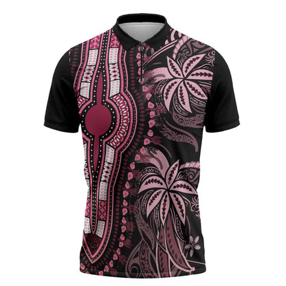 Polynesia Mixed African Dashiki Zipper Polo Shirt Afro-pacific Culture - Pink