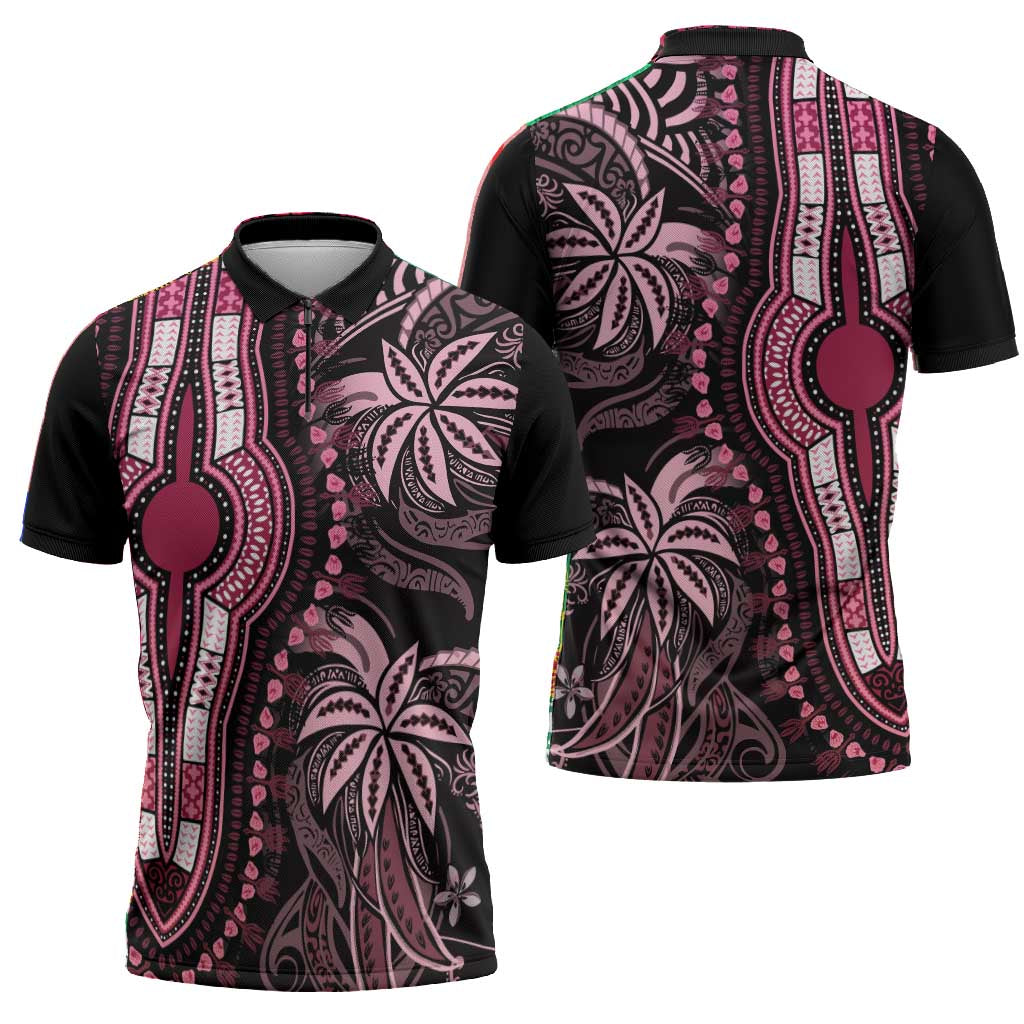 Polynesia Mixed African Dashiki Zipper Polo Shirt Afro-pacific Culture - Pink