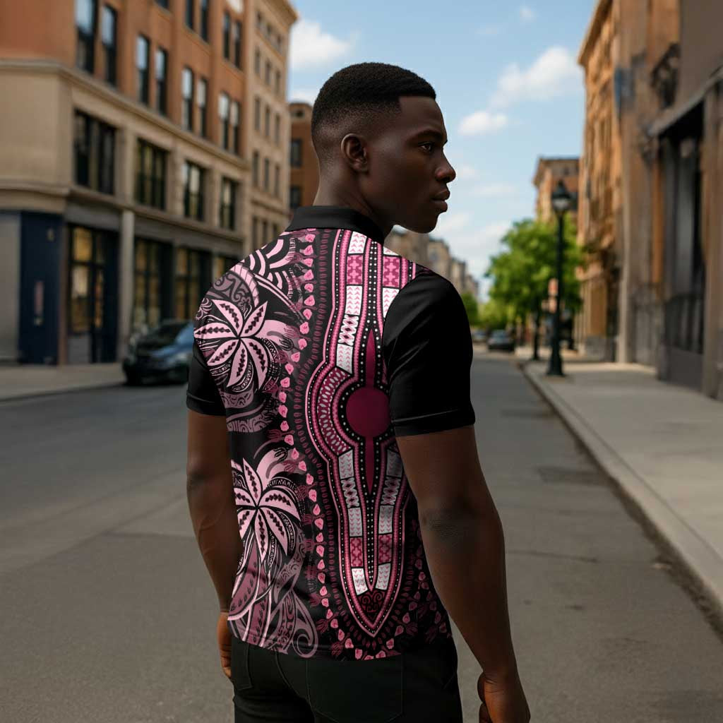 Polynesia Mixed African Dashiki Zipper Polo Shirt Afro-pacific Culture - Pink