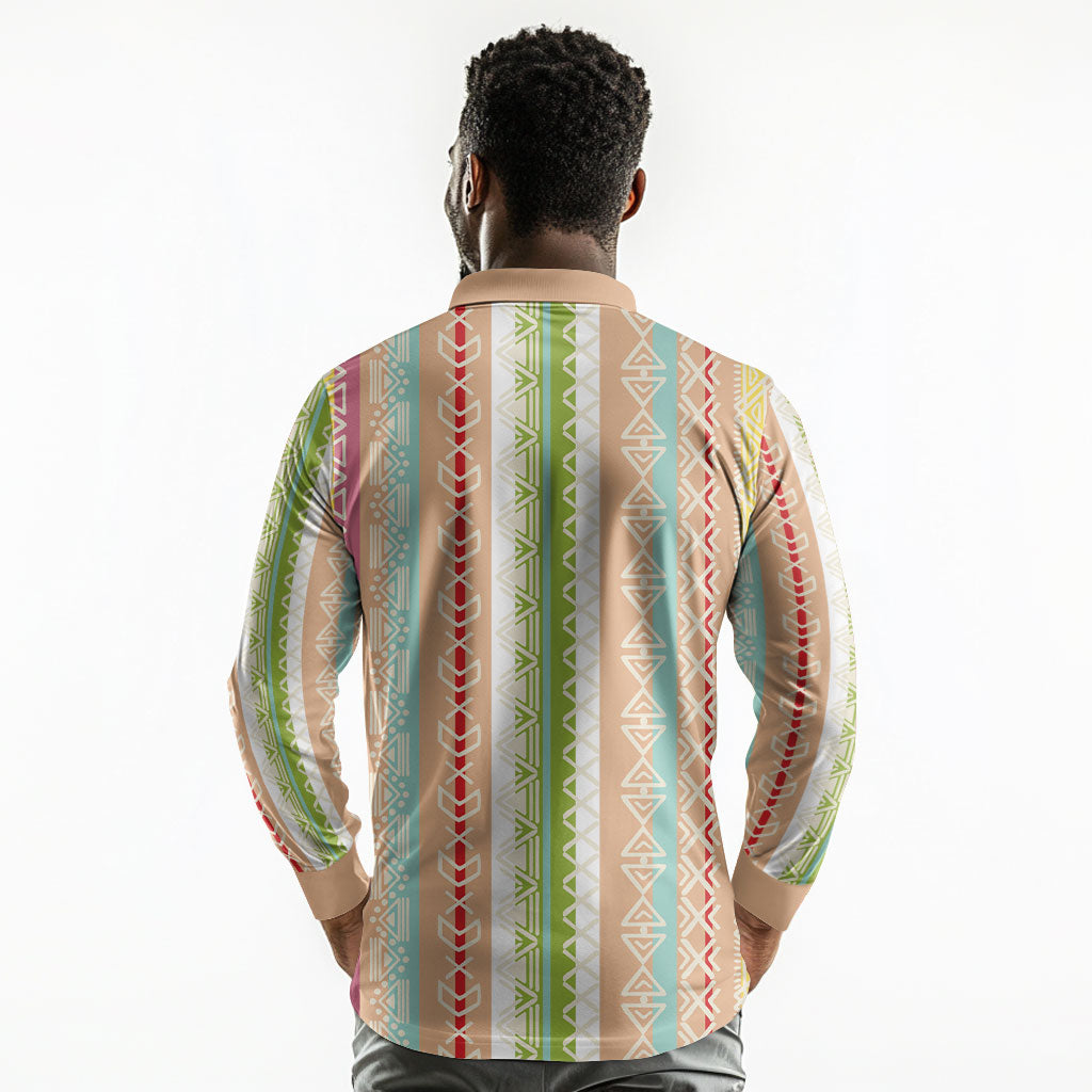 Nigerian Aso Oke African Ethnic Stripes Long Sleeve Polo Shirt