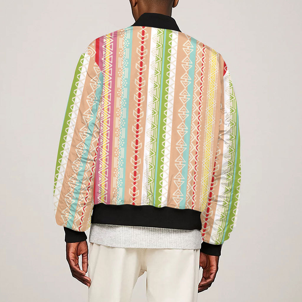 Nigerian Aso Oke African Ethnic Stripes Sleeve Zip Bomber Jacket