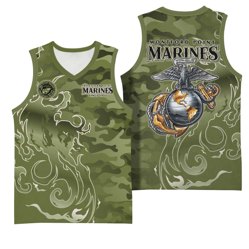 Montford Point Marines Basketball Jersey Flame Fire Military Green Camo
