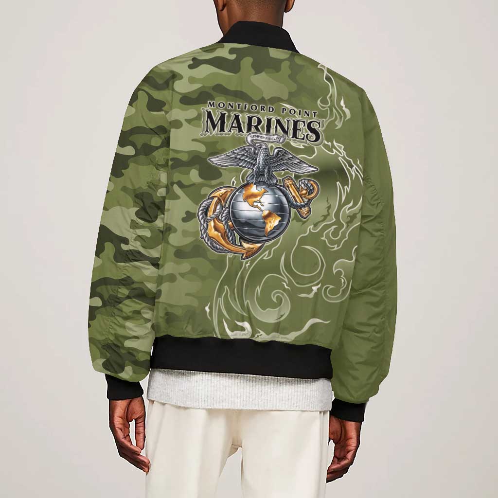 Montford Point Marines Bomber Jacket Flame Fire Military Green Camo