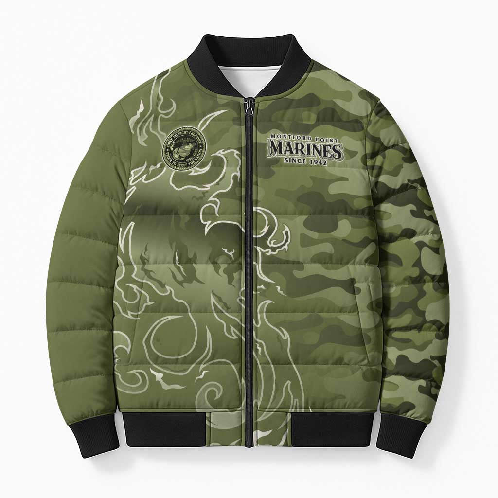 Montford Point Marines Bomber Puffer Jacket Flame Fire Military Green Camo