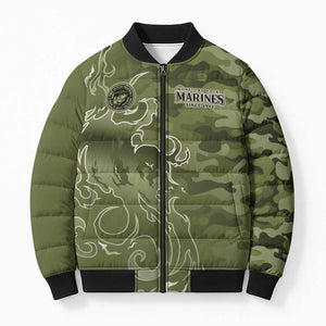 Montford Point Marines Bomber Puffer Jacket Flame Fire Military Green Camo