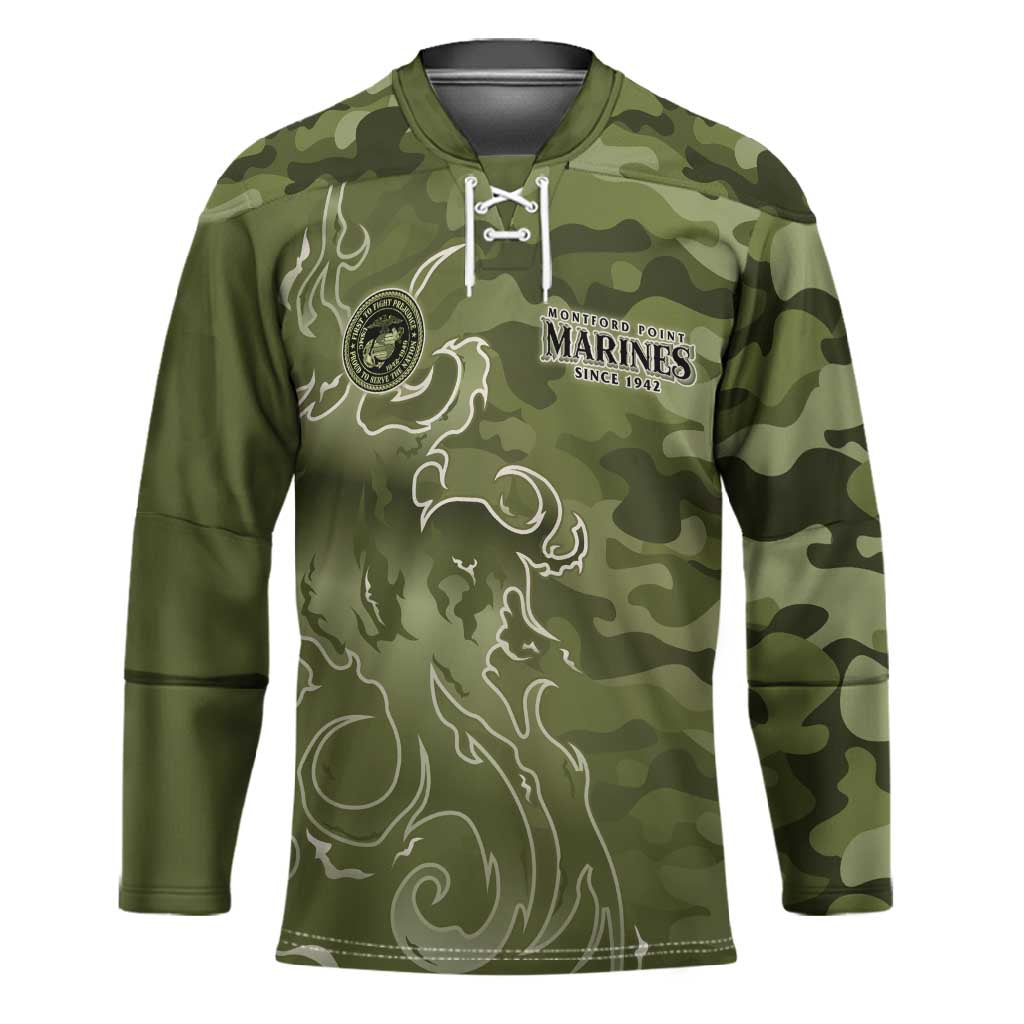 Montford Point Marines Hockey Jersey Flame Fire Military Green Camo