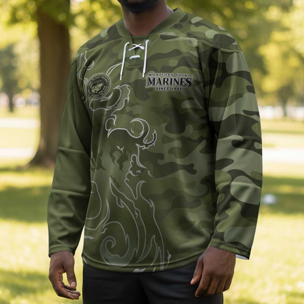 Montford Point Marines Hockey Jersey Flame Fire Military Green Camo