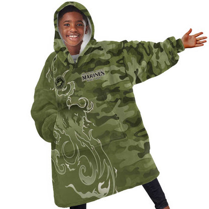 Montford Point Marines Kid Wearable Blanket Hoodie Flame Fire Military Green Camo