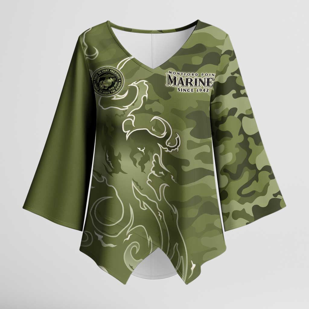 Montford Point Marines Kimono Sleeve Blouse Flame Fire Military Green Camo