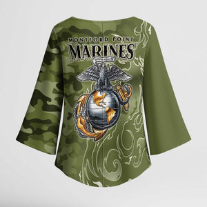 Montford Point Marines Kimono Sleeve Blouse Flame Fire Military Green Camo
