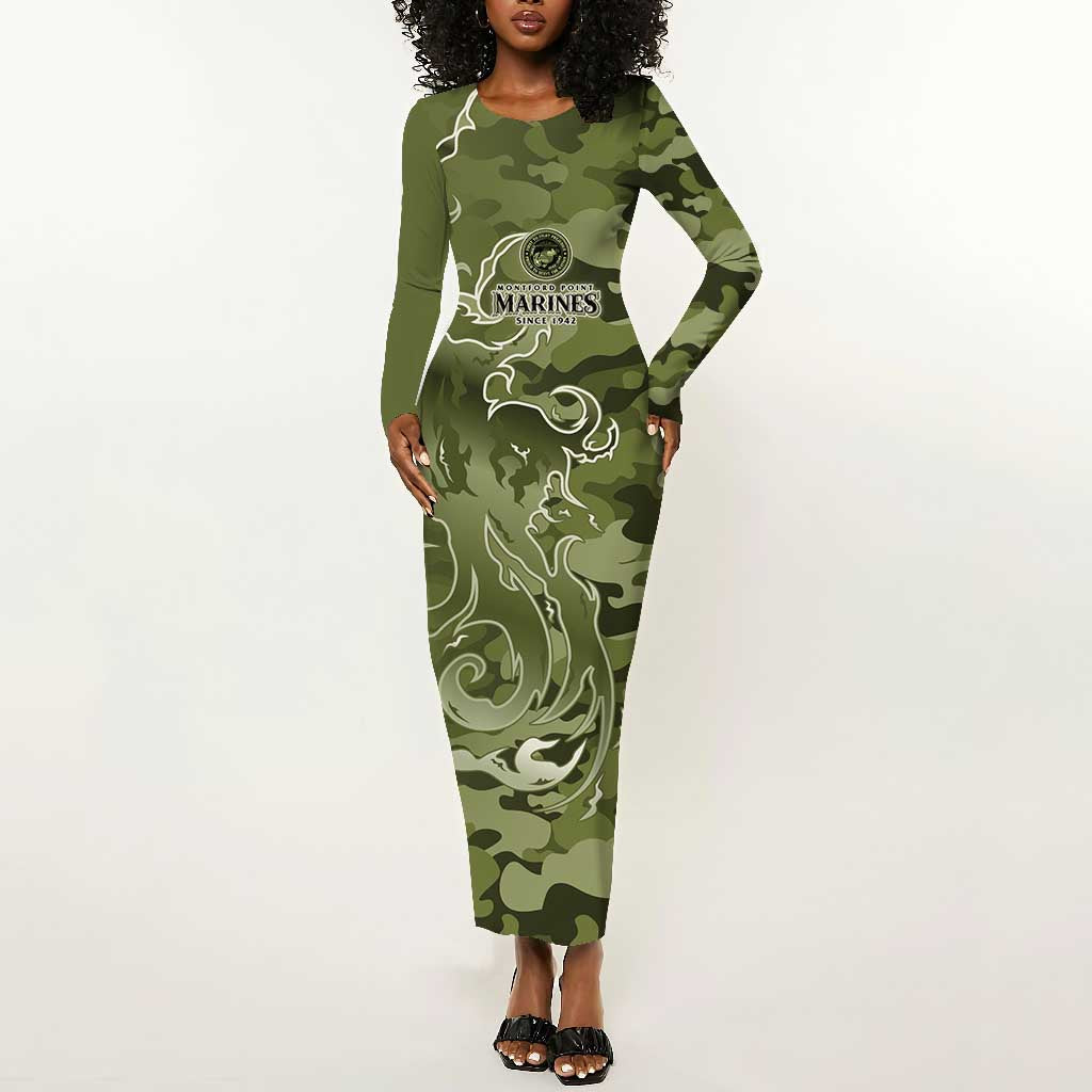 Montford Point Marines Long Sleeve Bodycon Dress Flame Fire Military Green Camo