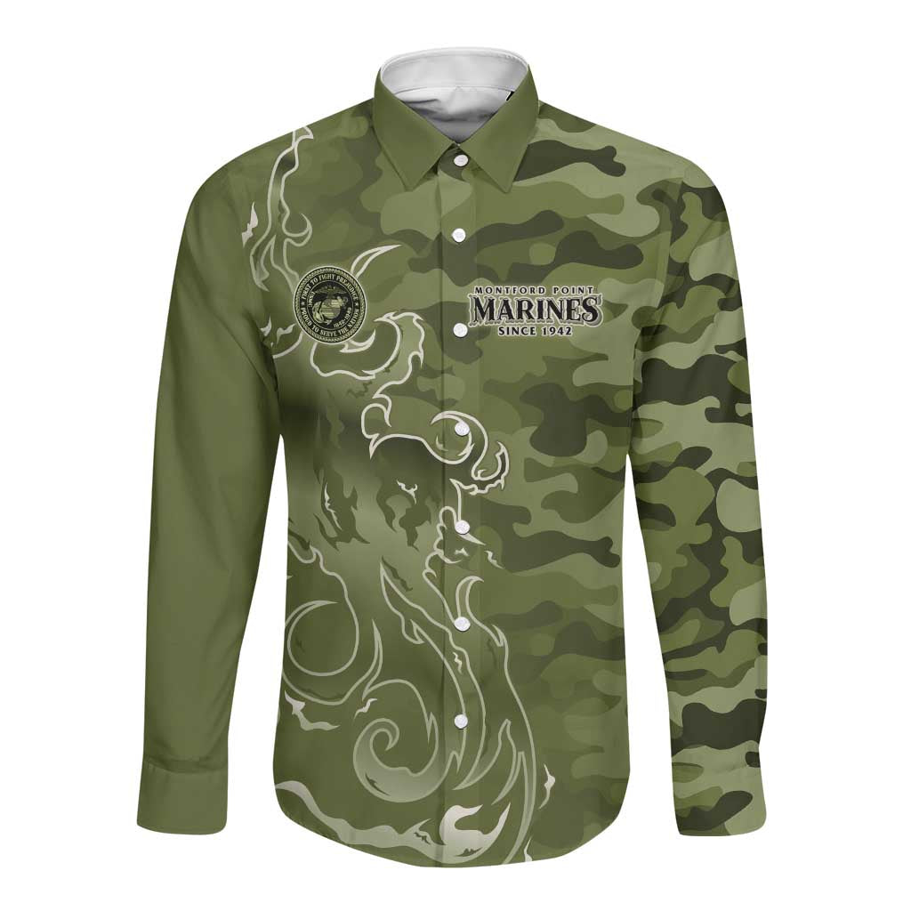 Montford Point Marines Long Sleeve Button Shirt Flame Fire Military Green Camo