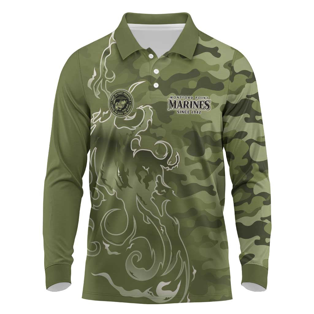 Montford Point Marines Long Sleeve Polo Shirt Flame Fire Military Green Camo