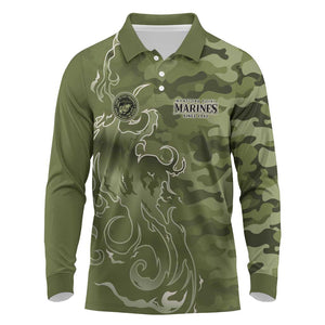 Montford Point Marines Long Sleeve Polo Shirt Flame Fire Military Green Camo