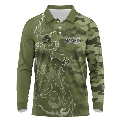 Montford Point Marines Long Sleeve Polo Shirt Flame Fire Military Green Camo
