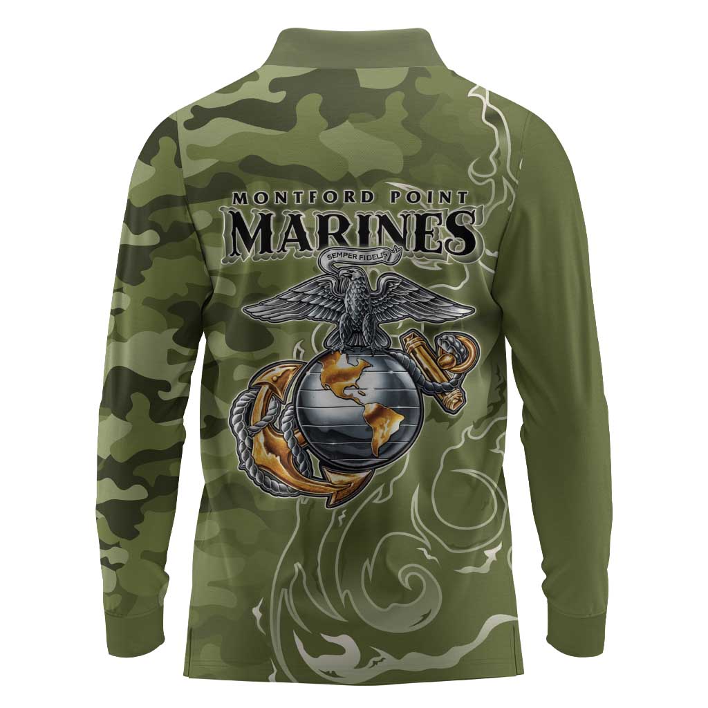 Montford Point Marines Long Sleeve Polo Shirt Flame Fire Military Green Camo