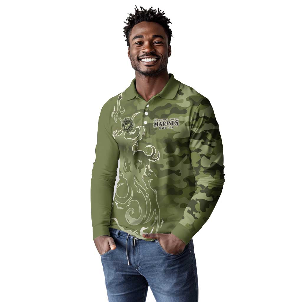 Montford Point Marines Long Sleeve Polo Shirt Flame Fire Military Green Camo