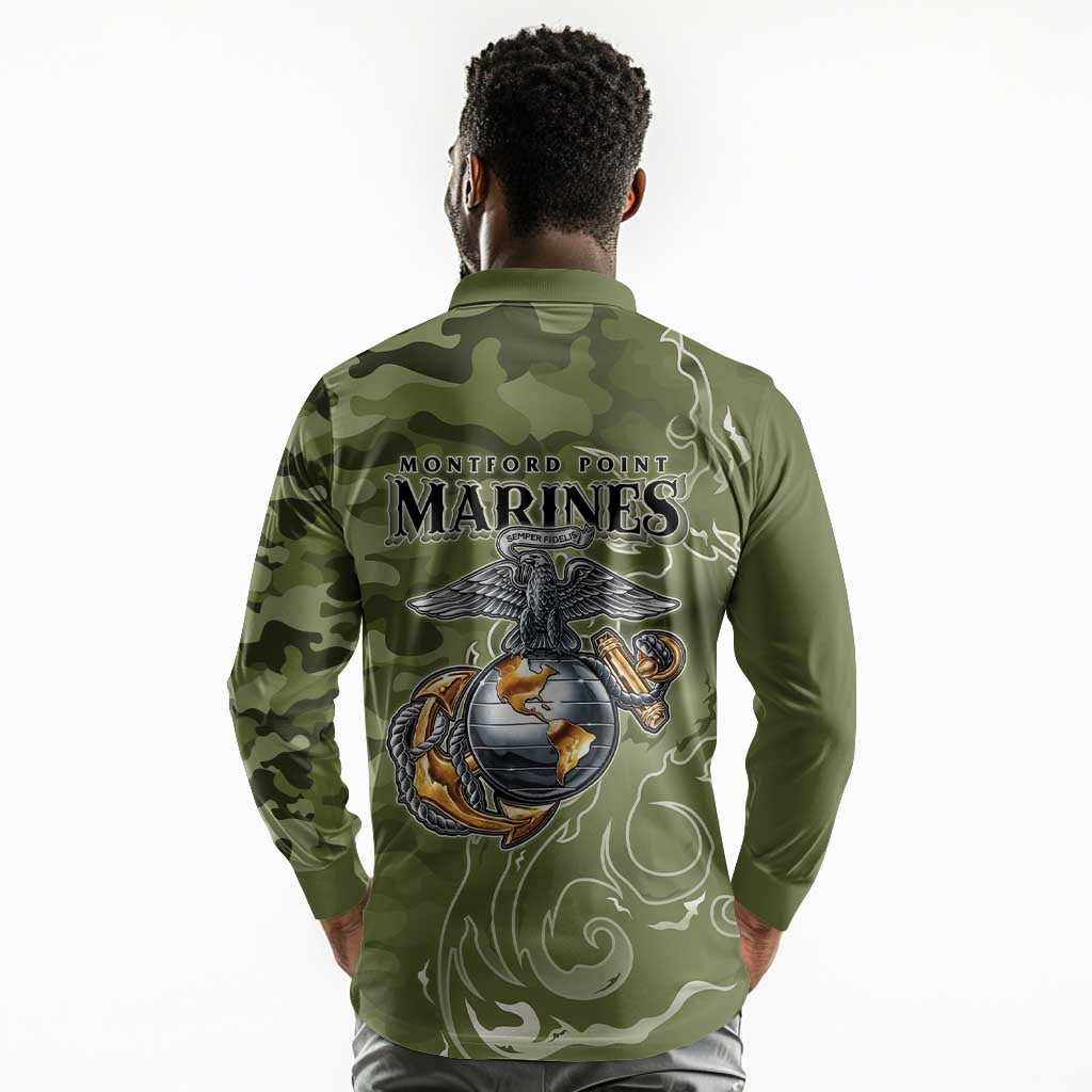 Montford Point Marines Long Sleeve Polo Shirt Flame Fire Military Green Camo