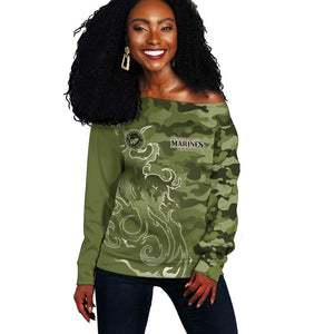 Montford Point Marines Off Shoulder Sweater Flame Fire Military Green Camo