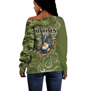 Montford Point Marines Off Shoulder Sweater Flame Fire Military Green Camo