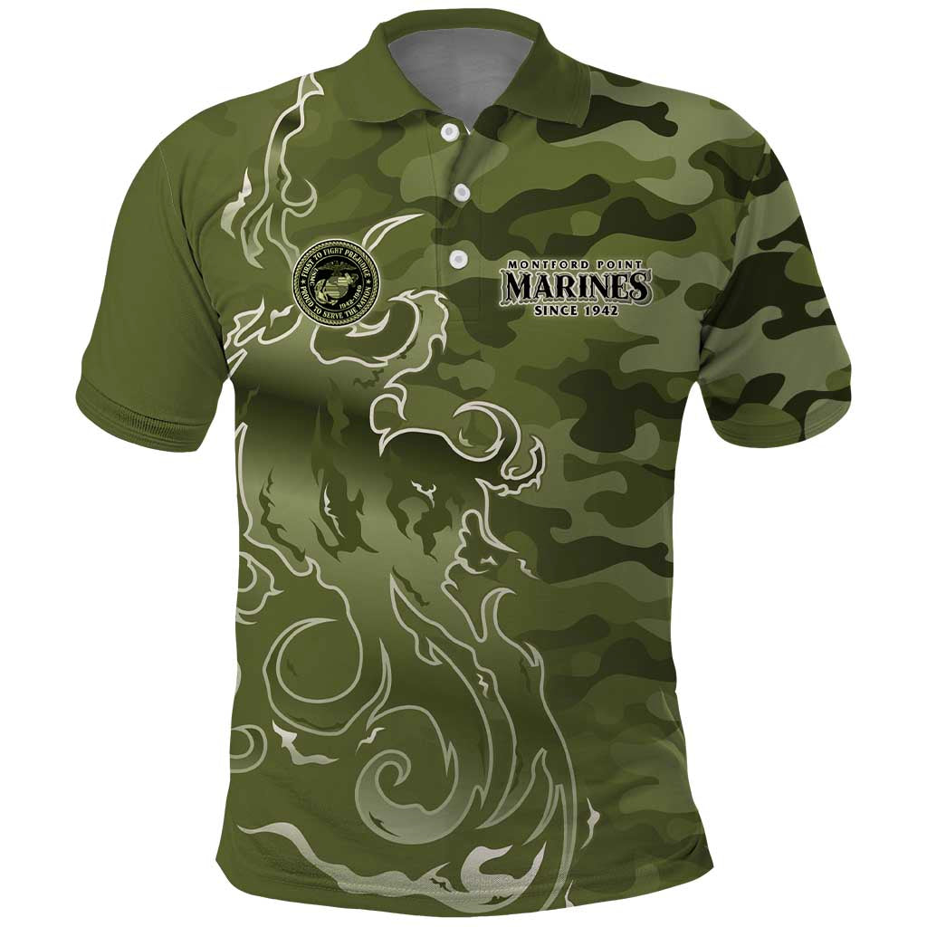 Montford Point Marines Polo Shirt Flame Fire Military Green Camo