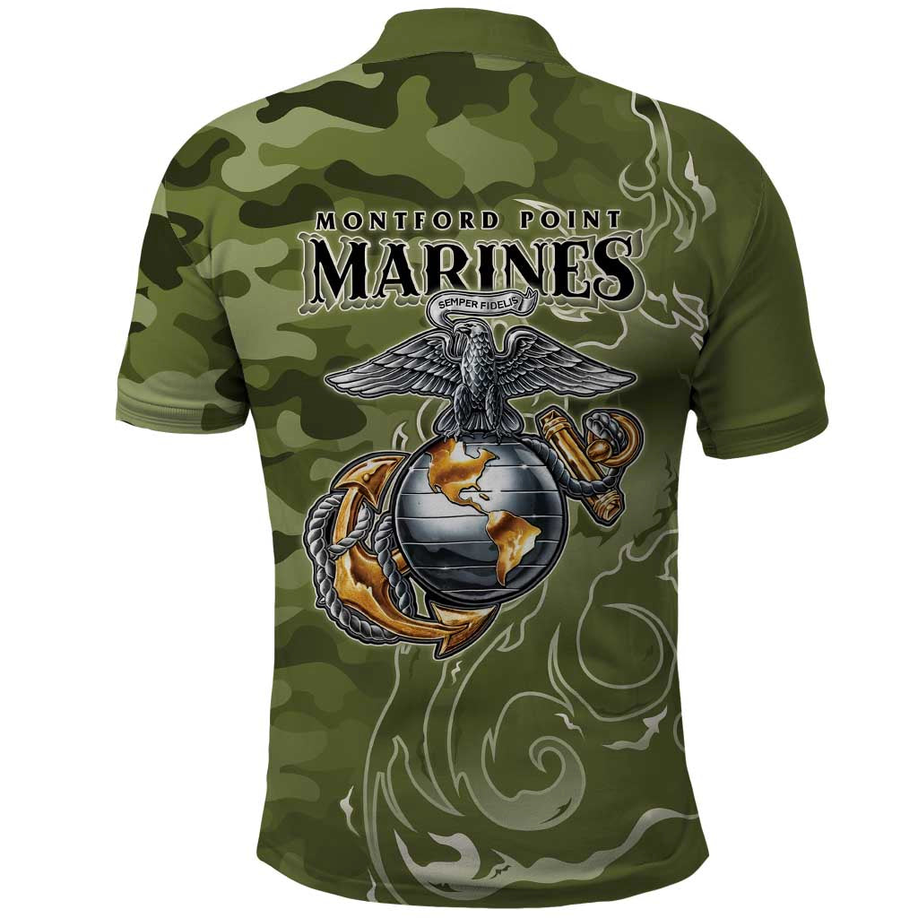 Montford Point Marines Polo Shirt Flame Fire Military Green Camo