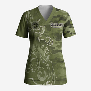Montford Point Marines Scrub Top Flame Fire Military Green Camo