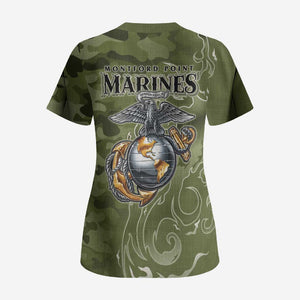 Montford Point Marines Scrub Top Flame Fire Military Green Camo