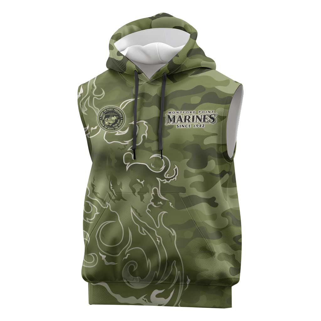 Montford Point Marines Sleeveless Hoodie Flame Fire Military Green Camo
