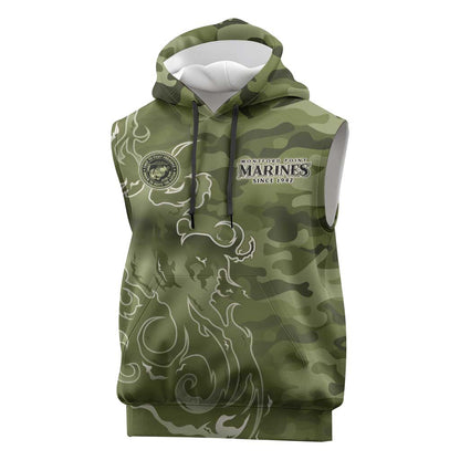 Montford Point Marines Sleeveless Hoodie Flame Fire Military Green Camo