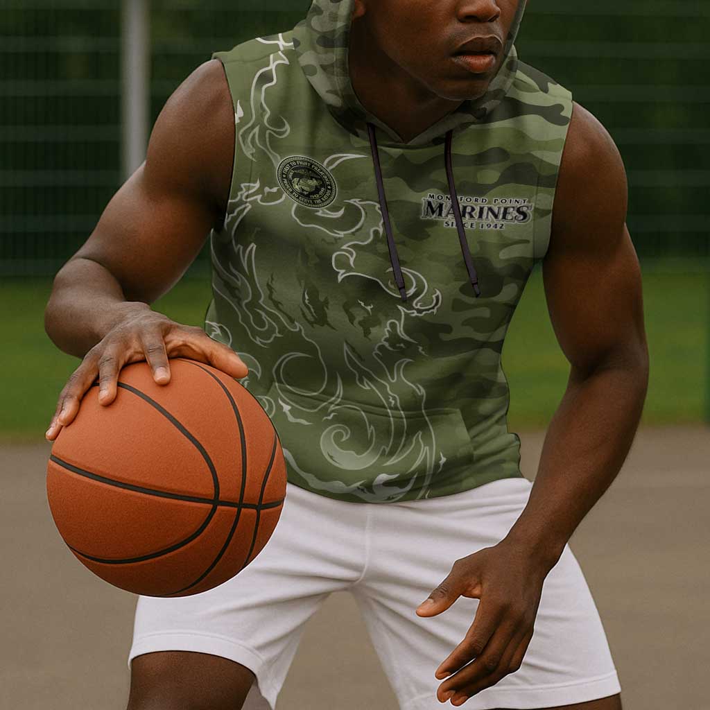 Montford Point Marines Sleeveless Hoodie Flame Fire Military Green Camo