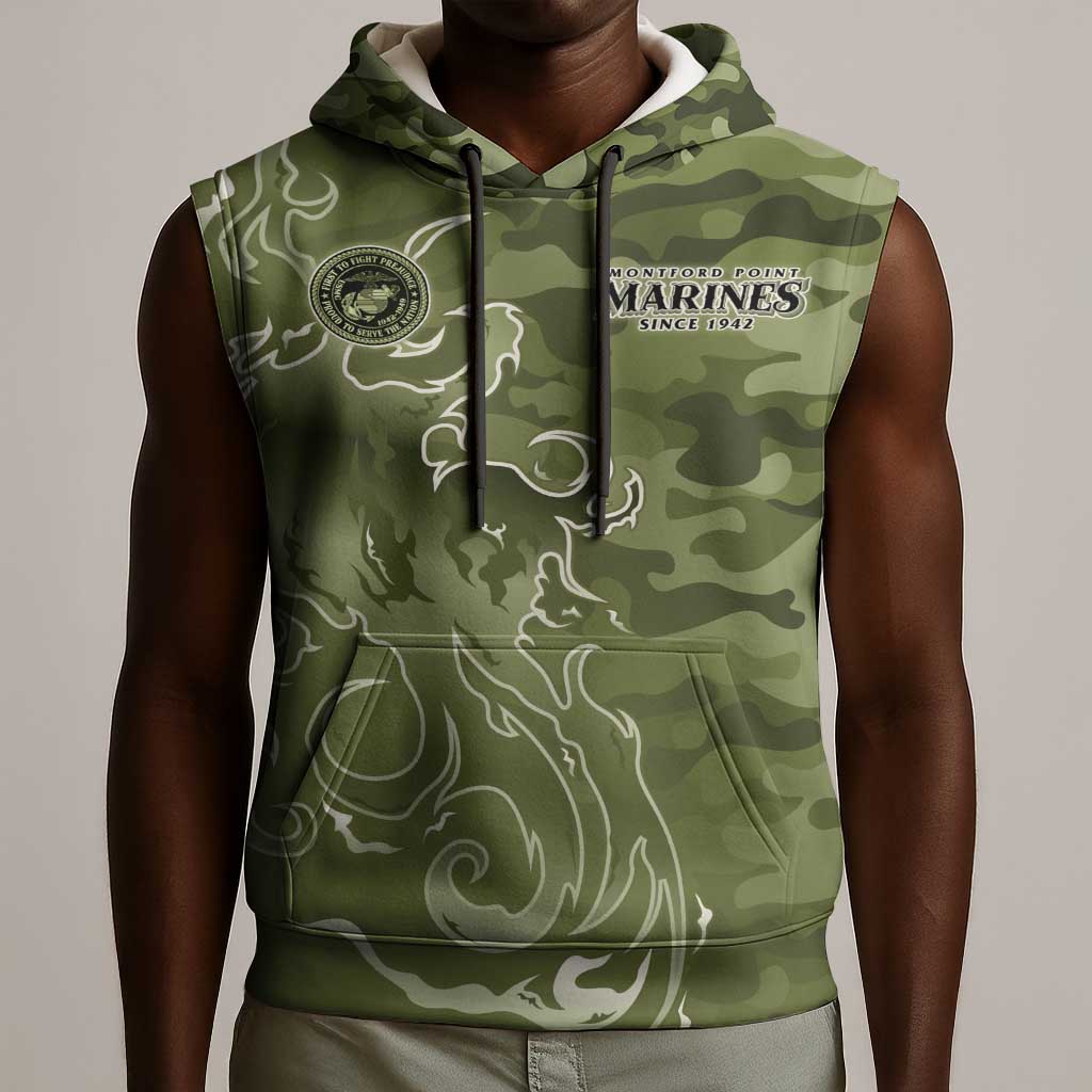Montford Point Marines Sleeveless Hoodie Flame Fire Military Green Camo