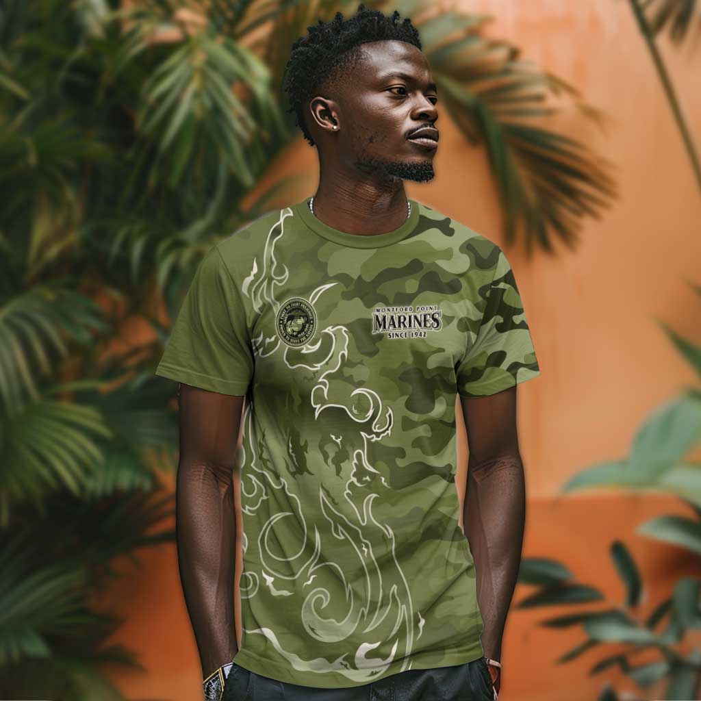 Montford Point Marines T shirt Flame Fire Military Green Camo