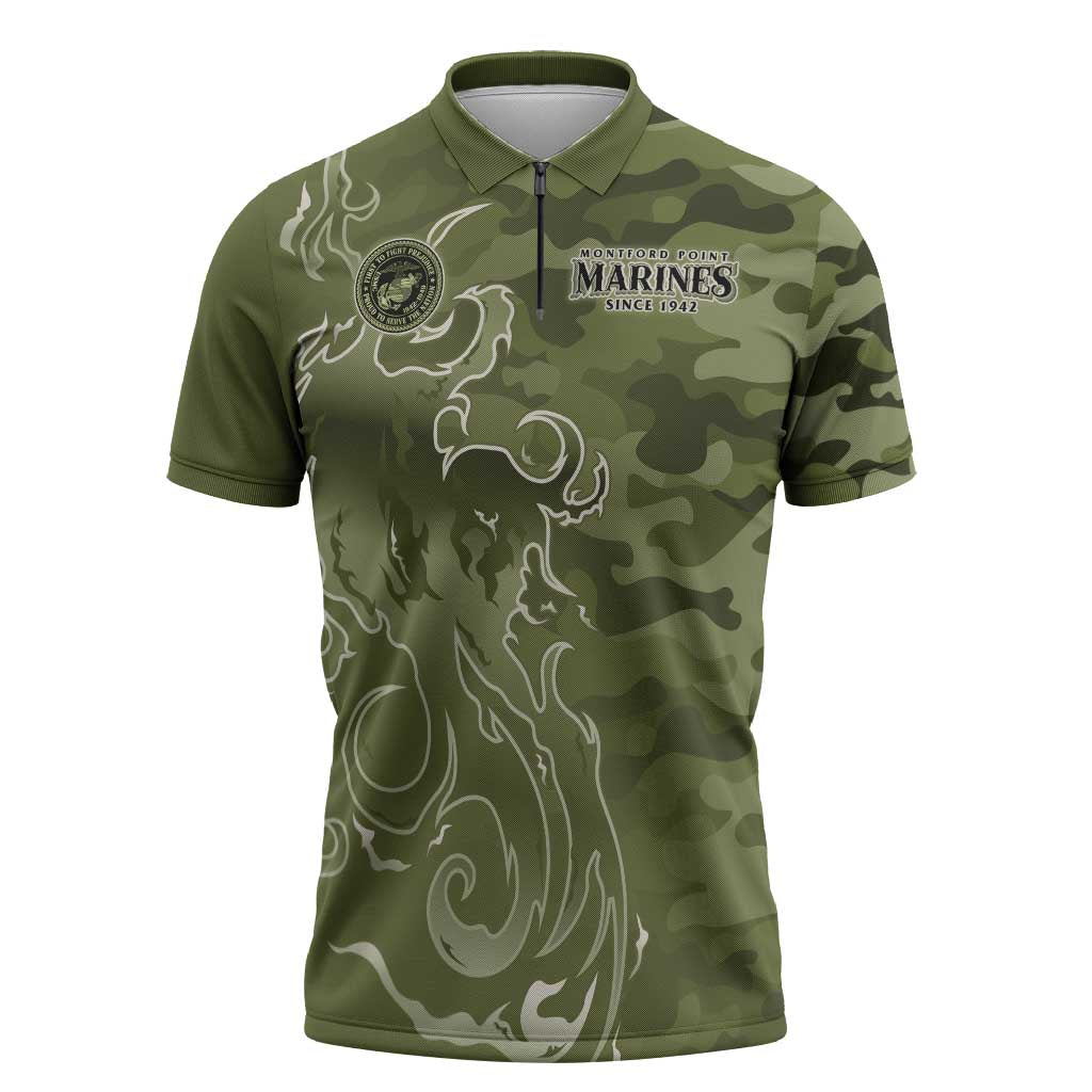 Montford Point Marines Zipper Polo Shirt Flame Fire Military Green Camo