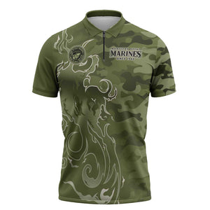 Montford Point Marines Zipper Polo Shirt Flame Fire Military Green Camo