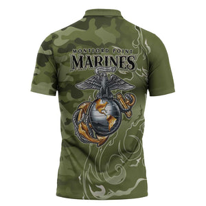 Montford Point Marines Zipper Polo Shirt Flame Fire Military Green Camo