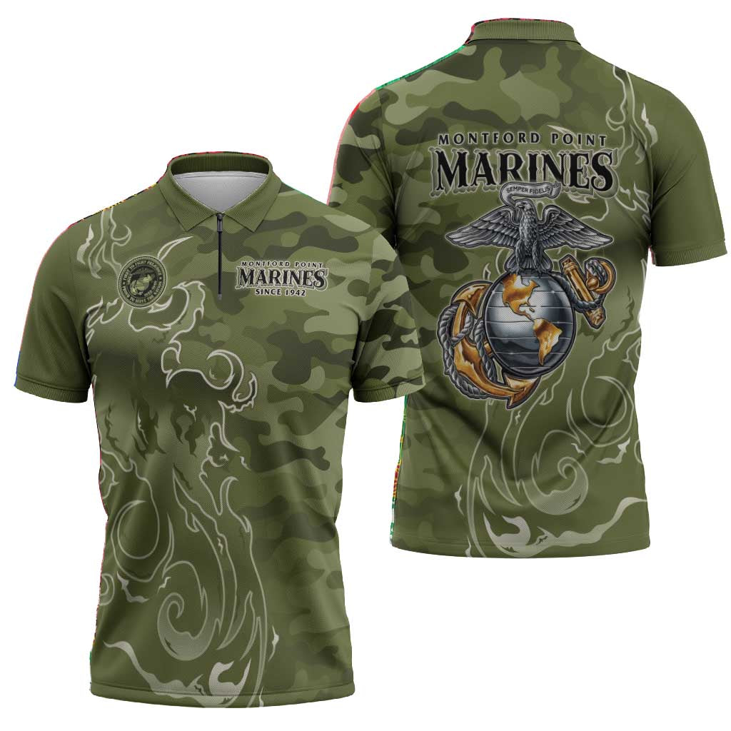 Montford Point Marines Zipper Polo Shirt Flame Fire Military Green Camo