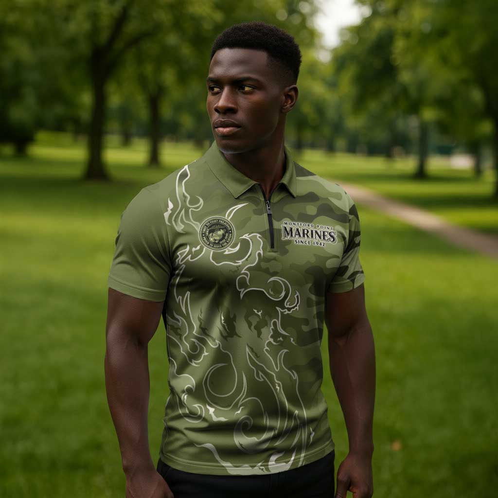 Montford Point Marines Zipper Polo Shirt Flame Fire Military Green Camo