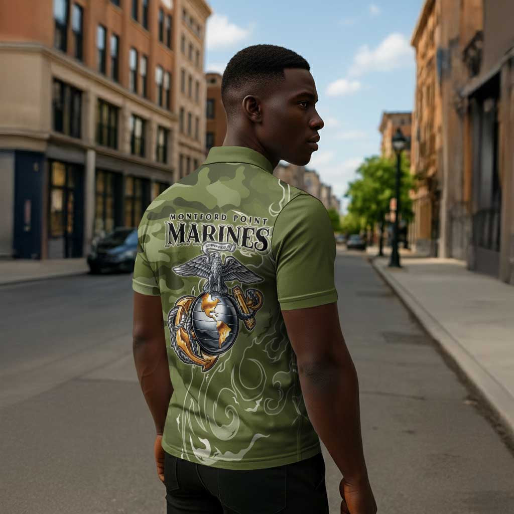 Montford Point Marines Zipper Polo Shirt Flame Fire Military Green Camo