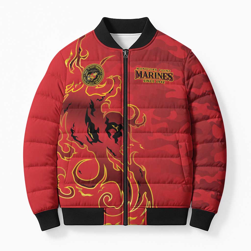 Montford Point Marines Bomber Puffer Jacket Flame Fire Military Red Camo