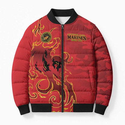 Montford Point Marines Bomber Puffer Jacket Flame Fire Military Red Camo