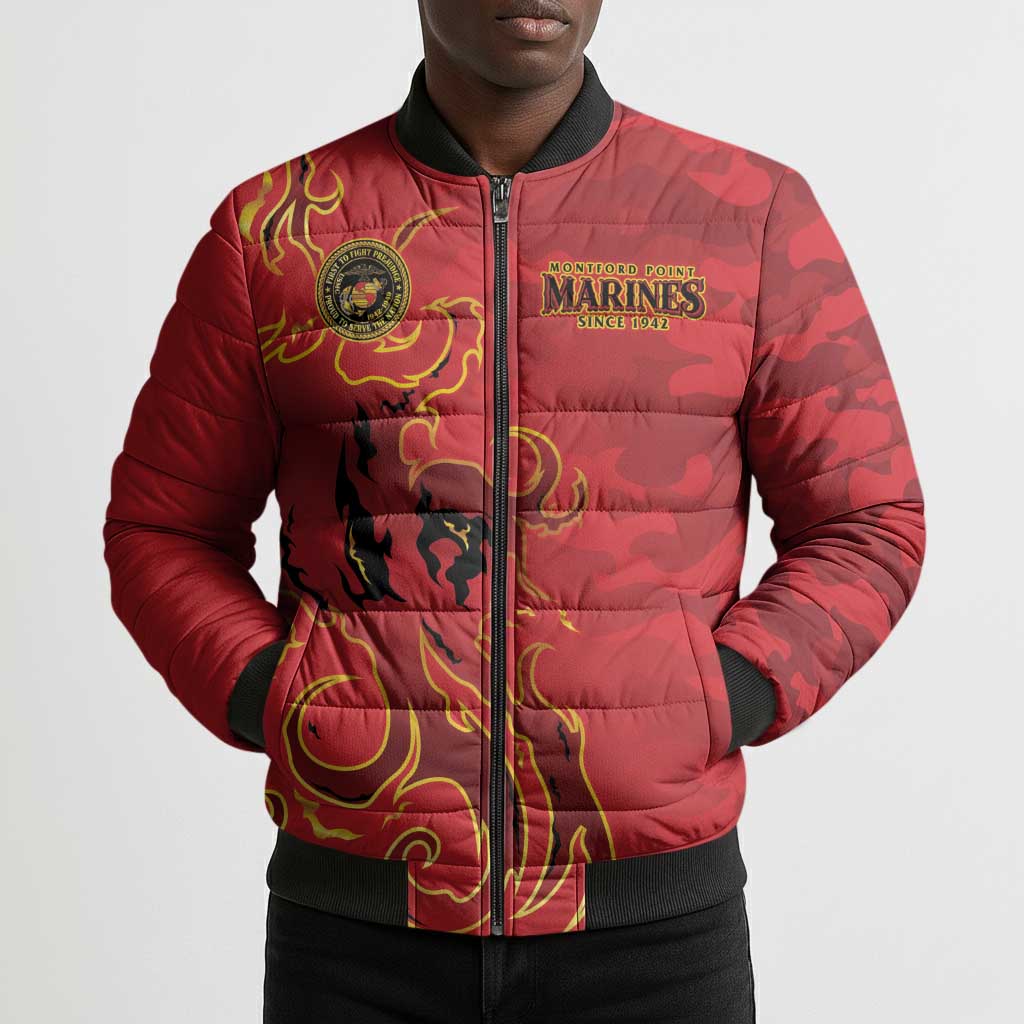 Montford Point Marines Bomber Puffer Jacket Flame Fire Military Red Camo