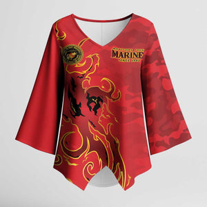 Montford Point Marines Kimono Sleeve Blouse Flame Fire Military Red Camo