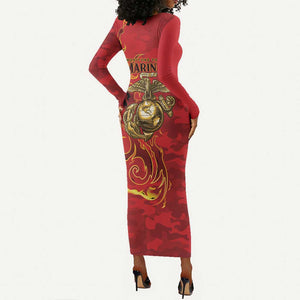 Montford Point Marines Long Sleeve Bodycon Dress Flame Fire Military Red Camo