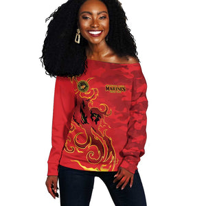 Montford Point Marines Off Shoulder Sweater Flame Fire Military Red Camo
